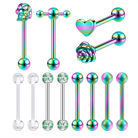 ZS 12Pcs/Set 14G Tongue Piercing Barbells Stainless Steel Long Nipple Piercing Barbells Body Jewelry for Women Men