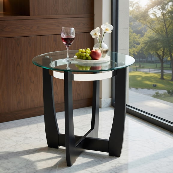GVN 24 Inches Round Side Table Modern Accent Table with Tempered Glass Top Solid Rubber Wood Base for Living Room Bedroom Home Decor Furniture, Black