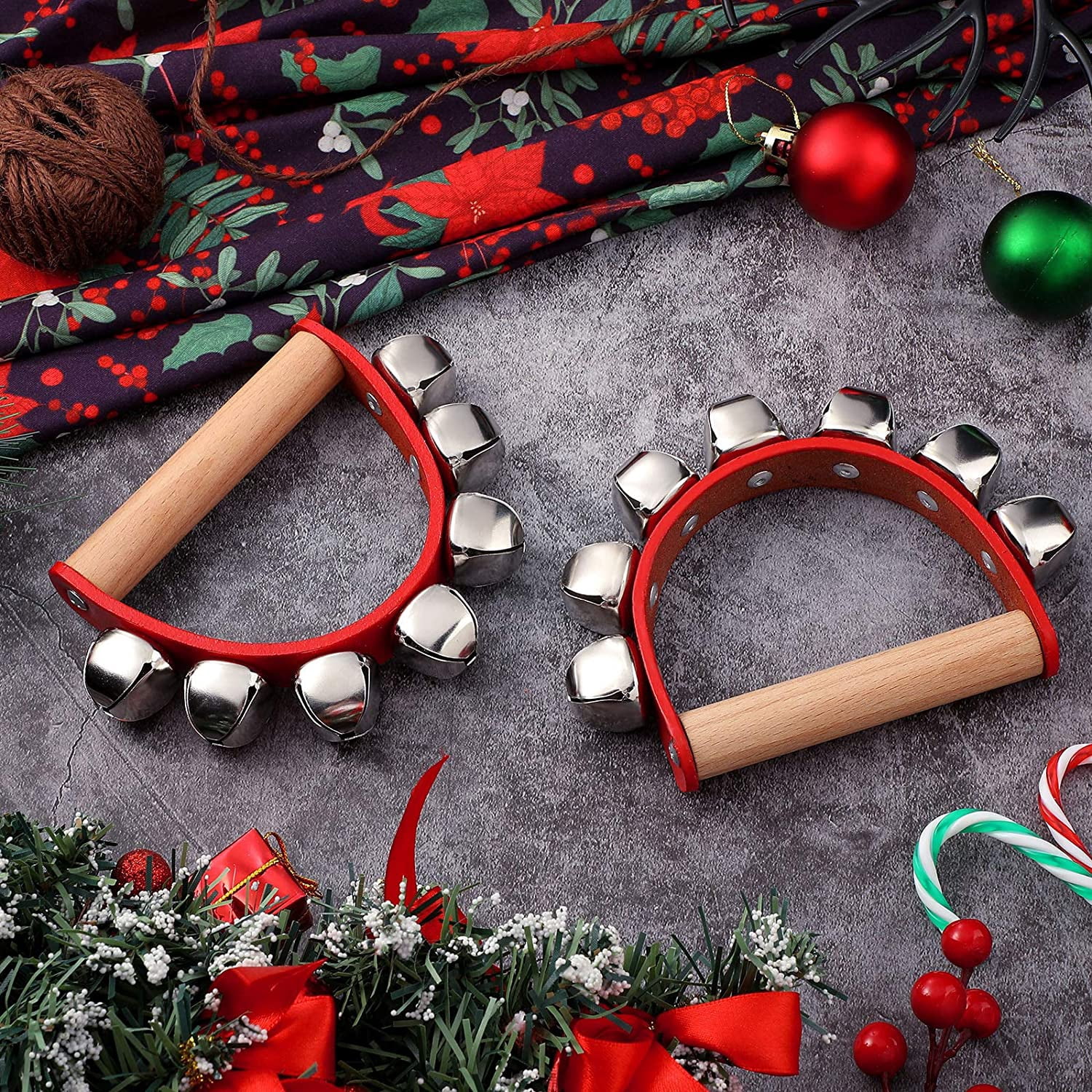 ABCISI 3 Pieces Handbell, Hand Jingle Bell Early Educational Musical Instrument, Sleigh Bell for Christmas Caroling,Wooden Handle Instrument with 7 Bells for Music Class Party School Band Performance