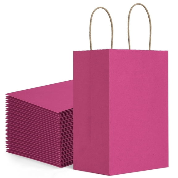 BagDream 100 Pack Small Hot Pink Gift Bags with Handles 5.25x3x8" Kraft Paper Bags for Girl's Birthdays, Valentine's Day, Mother's Day, Wedding, Party and Baby Shower