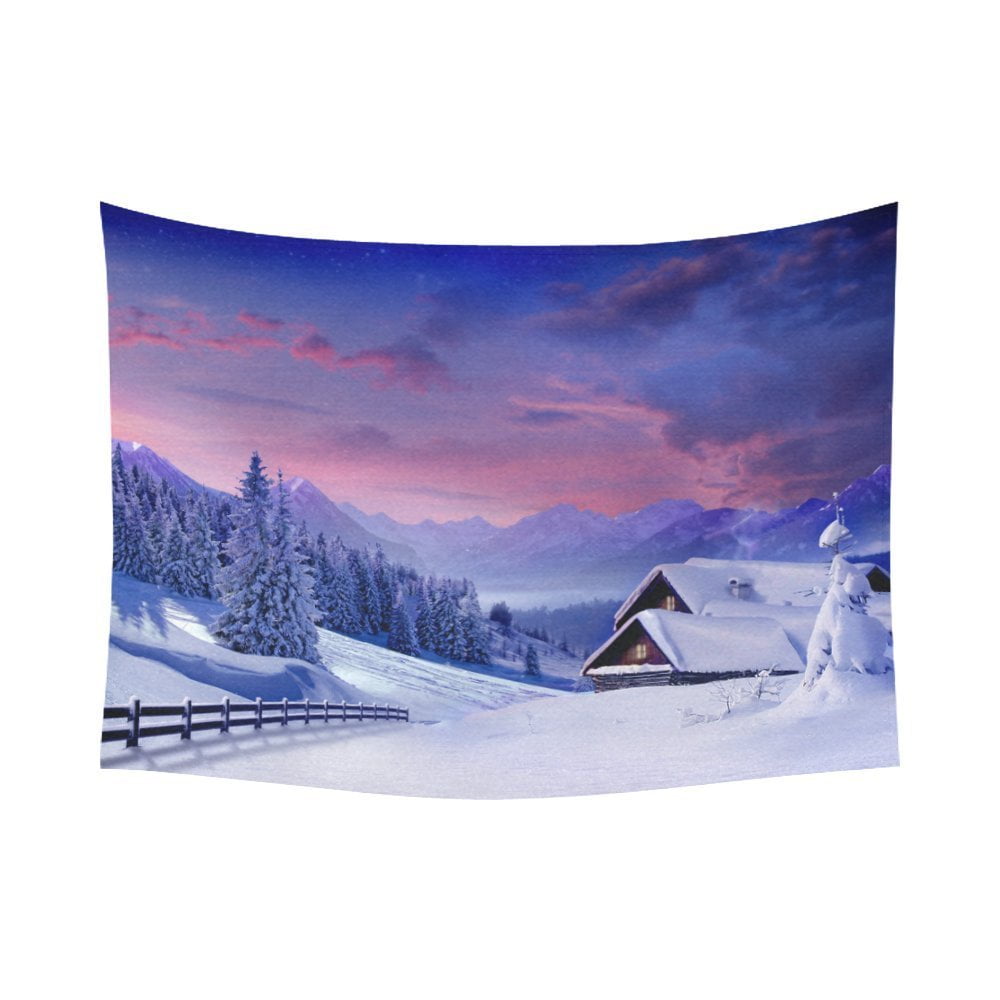 GCKG Snowy Mountain Tapestry Horizontal Wall Hanging Sunset Winter