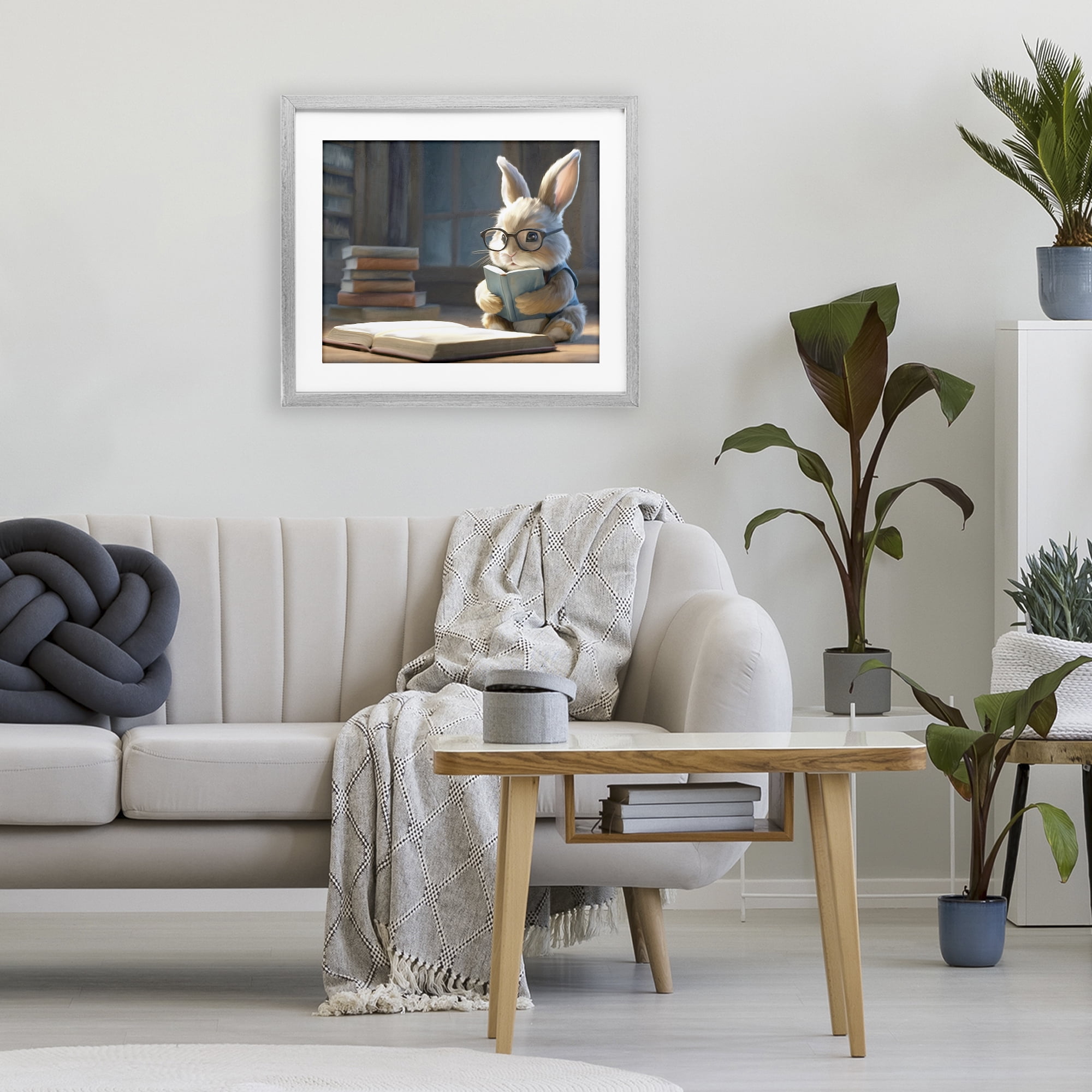 Stupell Industries Bookish Bunny at Desk Gray Framed Print Under Glass, design by Kim Allen