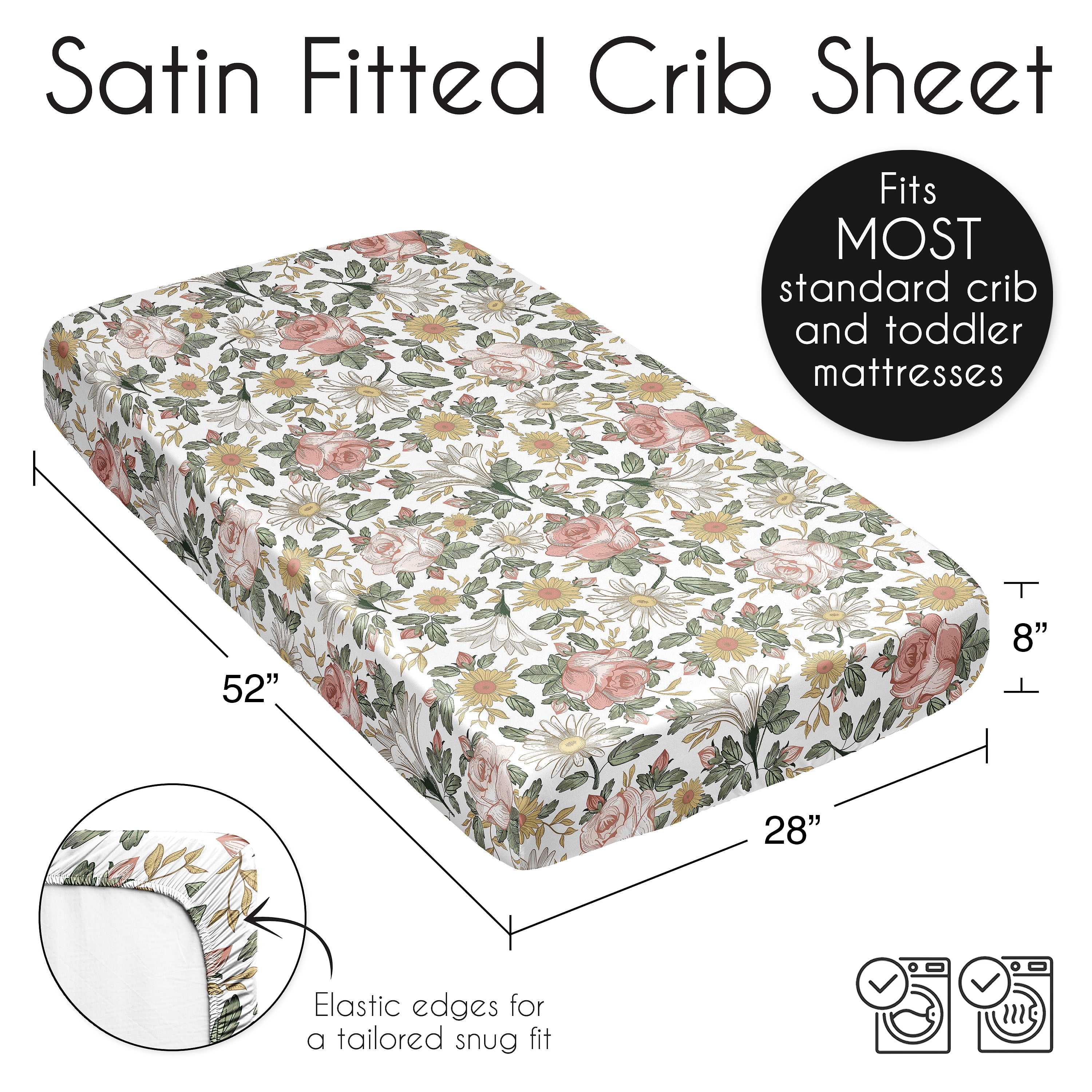 Sweet Jojo Designs Vintage Floral Blush Pink Yellow Sage Green White Satin Fitted Crib Sheet