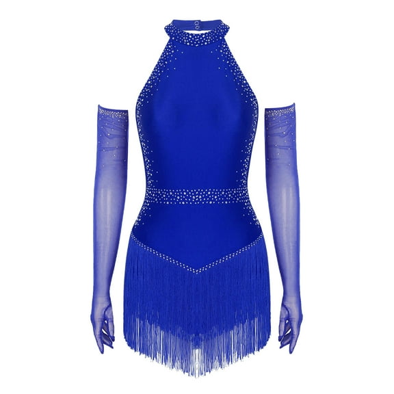 Kaerm Women's Sparkling Rhinestone Tassel Bodysuit Latin Jazz Dance Skirted Leotard with 1 Pair Gloves Royal Blue L