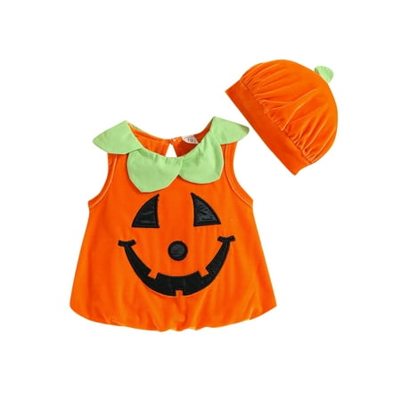 

AMILIEe Toddler Baby Boy Girl Halloween Outfit Cute Sleeveless Pumpkin Tops with Hat Set for Infants