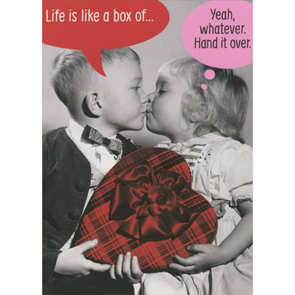 RSVP Life Is Like A Box, Yeah Whatever: Kids Kissing Black and White Photo Funny / Humorous Valentine's Day Card