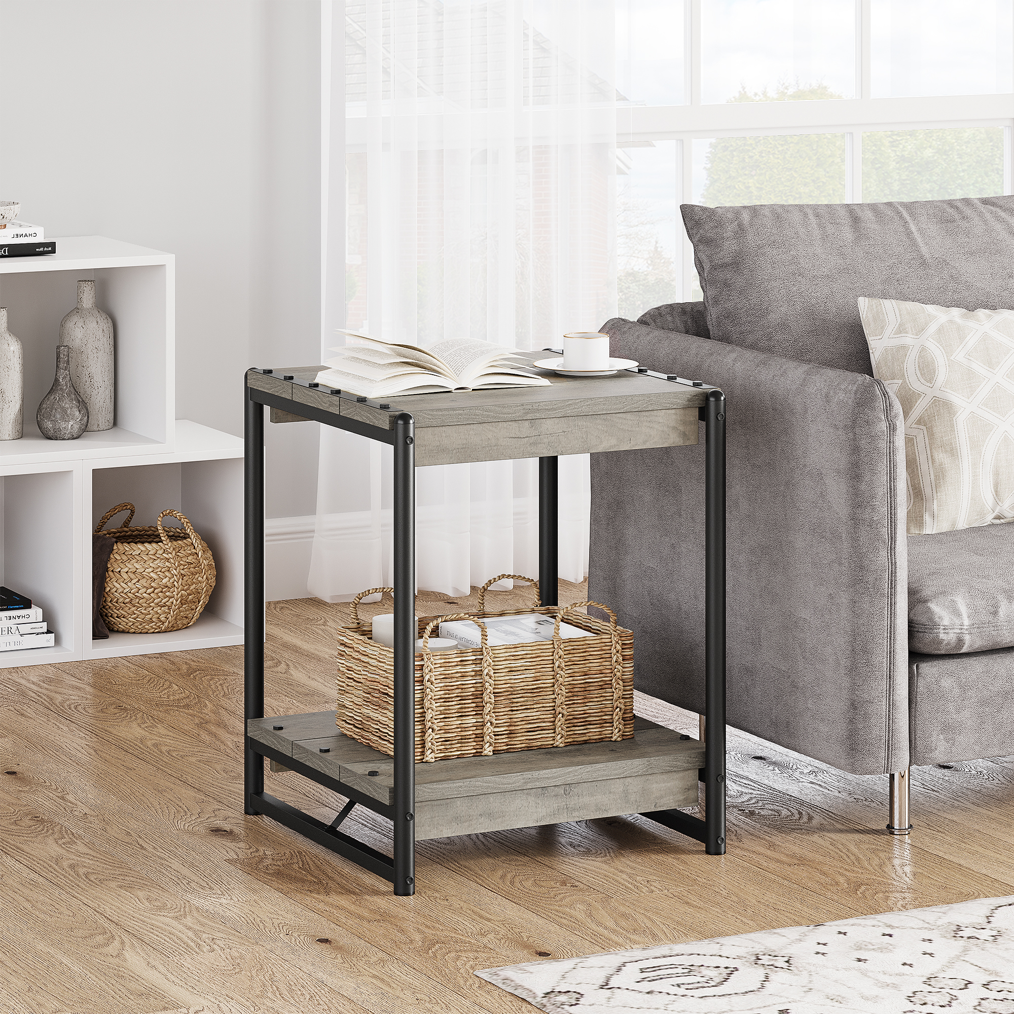 Fashionwu Wood End Table, Industrial Side Table with Storage Shelf, Easy Assemble 19.6 Square End Table with Sturdy Frame, Nightstand Table for Small Spaces, Living Room, Bedroom, Grey - image 2 of 9