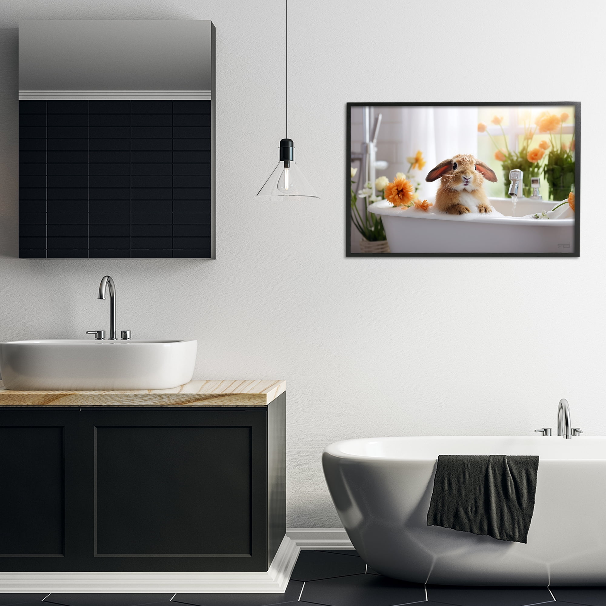 Stupell Industries Bathing Baby Bunny Typography Painting Black Framed Art Print Wall Art, 30 x 20