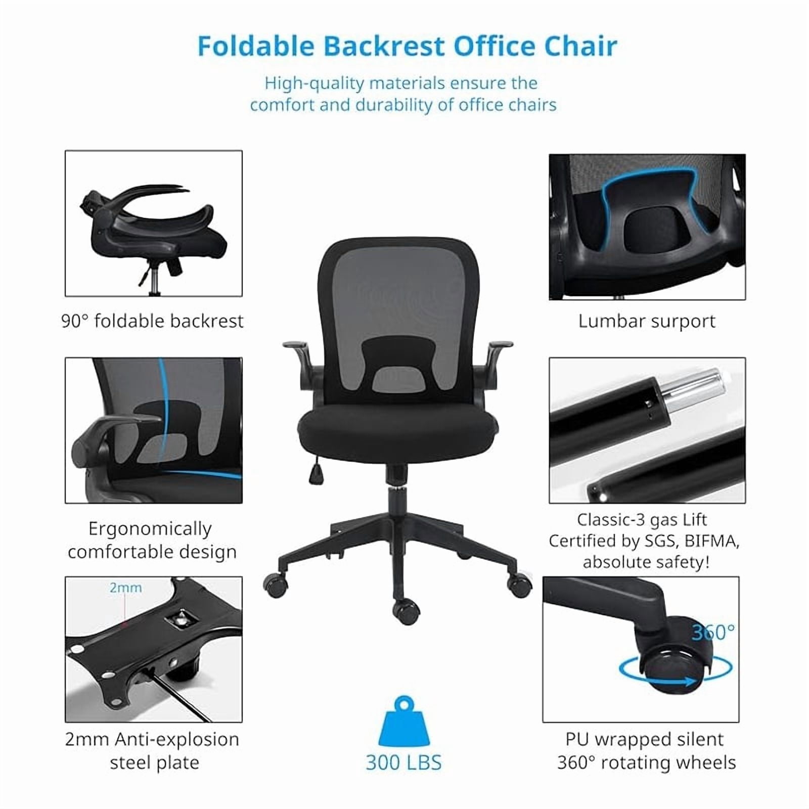 IPKIG Ergonomic Office Chair Mesh w/ Foldable Backrest, Mesh Home Office Computer Task Desk Chairs with Adjustable Arms & 360 Degree Universal Wheels (Black)