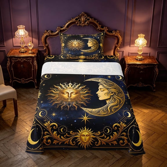 Homewish Mystic Sun Moon Twin Sheets, Cosmos Stars Bedding, Gold Dark Blue, 3pcs, 1 Flat Sheet, 1 Fitted Sheet and 1 Pillowcase