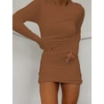 thumbnail image 4 of Vafful Women's Sexy Dress Long Sleeve Crew Neck Ribbed Dress for Womens Slim Fit Ruched Stretchy Casual Mini Dresses Caramel Brown, 4 of 5