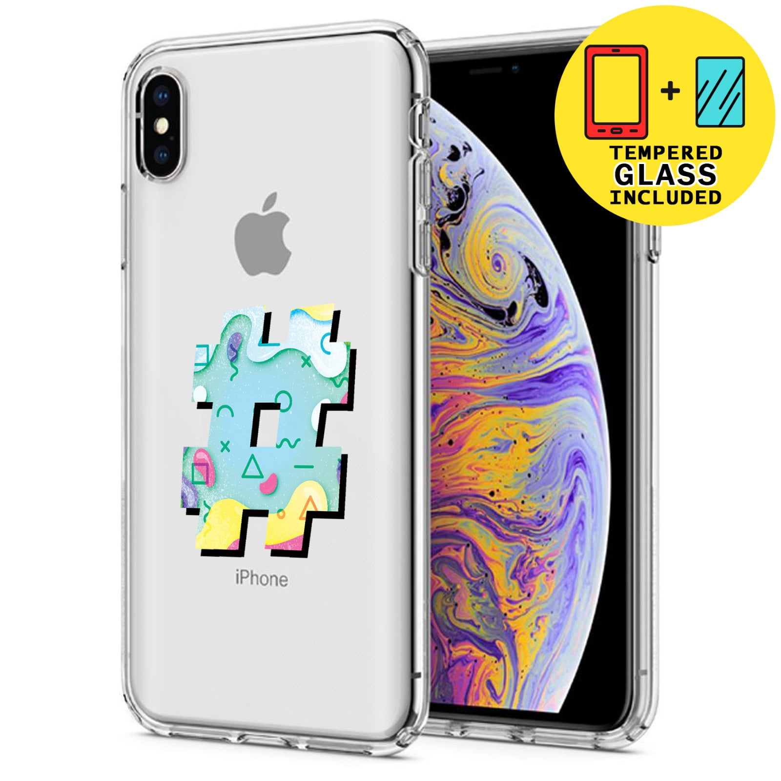 Clear TPU Phone Case for Apple iPhone XS MAX,Colorful Hashtag,Temper Glass