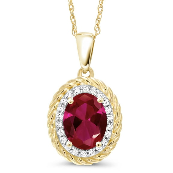 Gem Stone King 14K Yellow Gold Red Created Ruby and White Diamond Pendant Necklace for Women (1.30 Cttw, Oval 8X6MM, with 18 inch Chain)