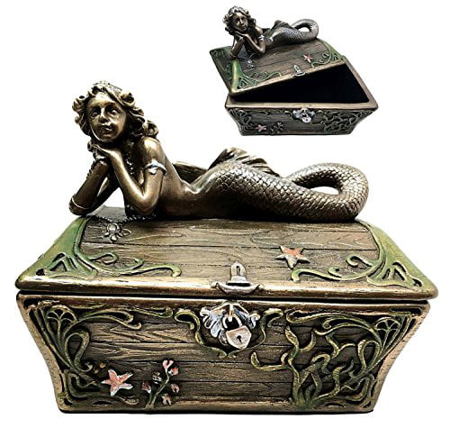 Fake Reproduction Scrimshaw Art Bone Mermaid Nautical Jewelry Box Treasure Chest 