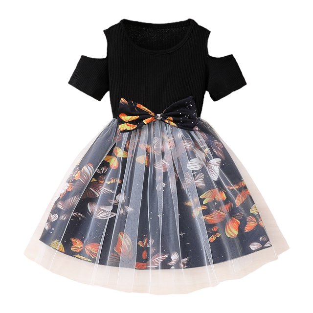 Yanlir Robe en Maille Imprimée pour Fille Épaules Dénudées Manches Courtes Col Rond Robe de Soirée, Robe d'Été Mignonne pour Enfants, Tenue de Jeu Respirante Imprimée à la Mode (Noir, 3-4 Ans)