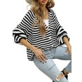 thumbnail image 2 of Womens Striped Sweater Coat Casual Long Sleeve Open Front Button Down Loose Knit Cardigan Fall Black M, 2 of 8