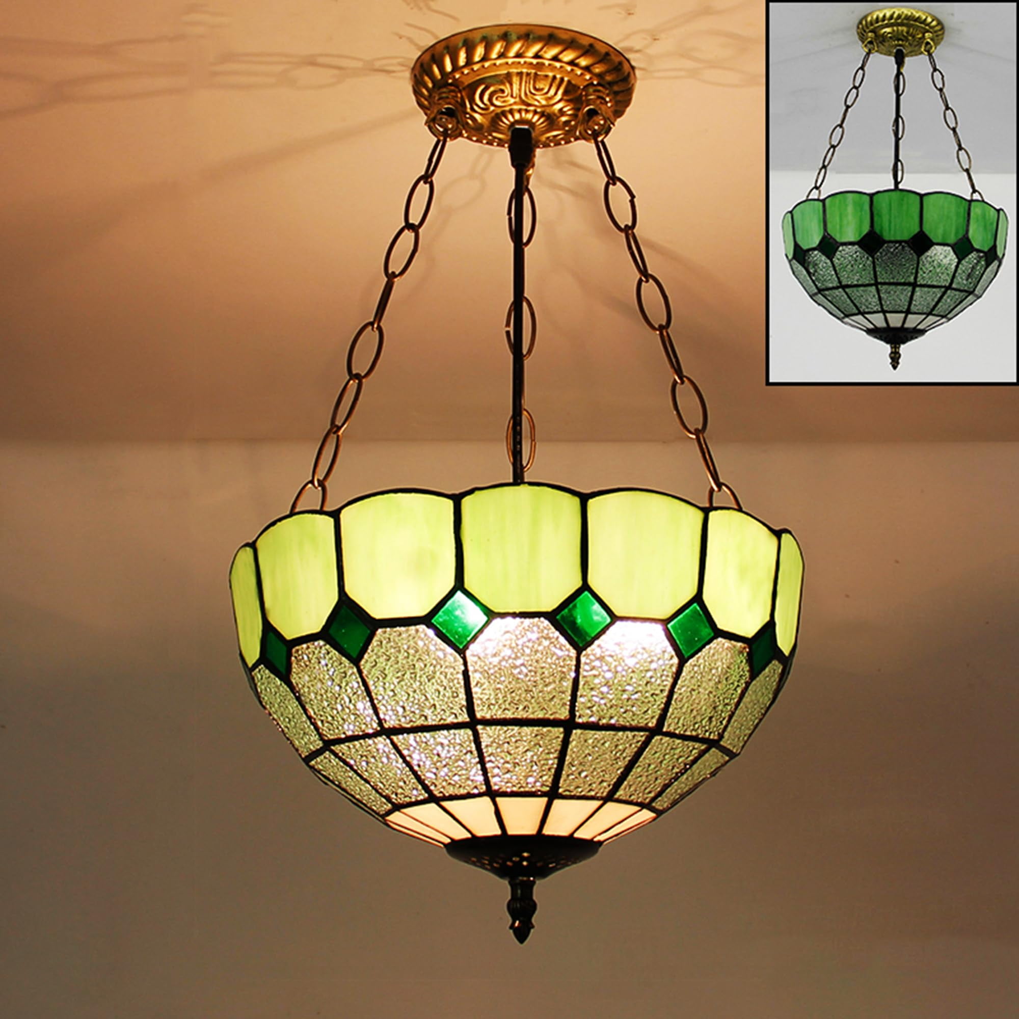 Kiven 11.8in Plug-in Flush Mount Ceiling Light Fixture, 3-Light Anti Glare Close to Ceiling Light with 15FT Cord, Tiffany-Style Glass Chandelier Dimmable for Bedroom Kitchen Hallway(No.3226-GN)