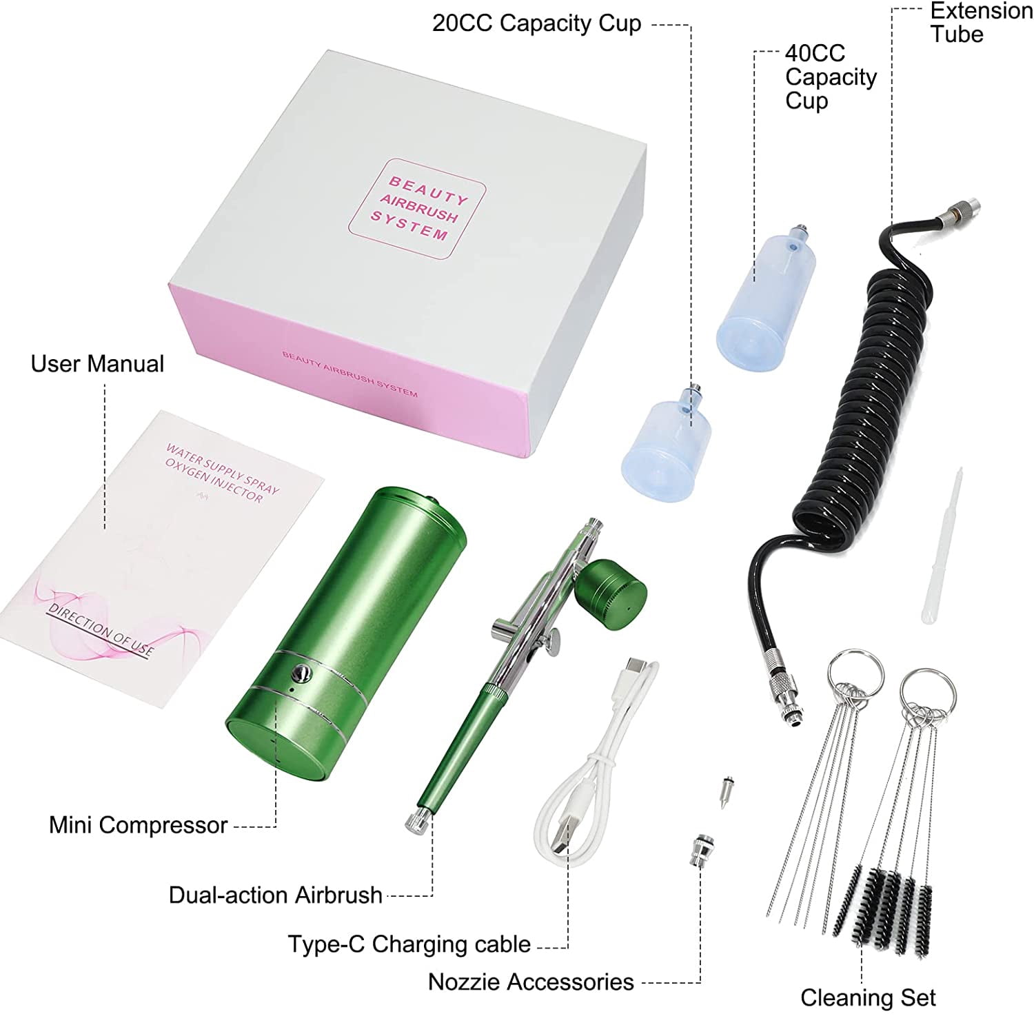 Prociv Airbrush Kit with Compressor, Auto Handheld Airbrush Gun with 0.3mm Tip, Rechargeable, Portable Air Brushes for Painting, Tattoo, Nail Art, Model Coloring, Makeup, Cake Green