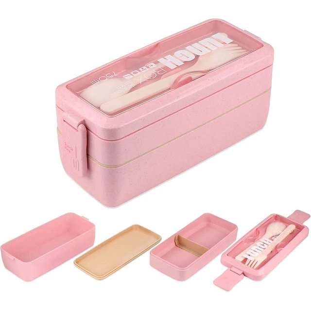 Fiambrera Bento para adultos/niños, fiambrera de paja de trigo a prueba de fugas de 2 capas con utensilios, recipientes para el almuerzo para preparación de comidas sin Bpa, microondas y lavavaji