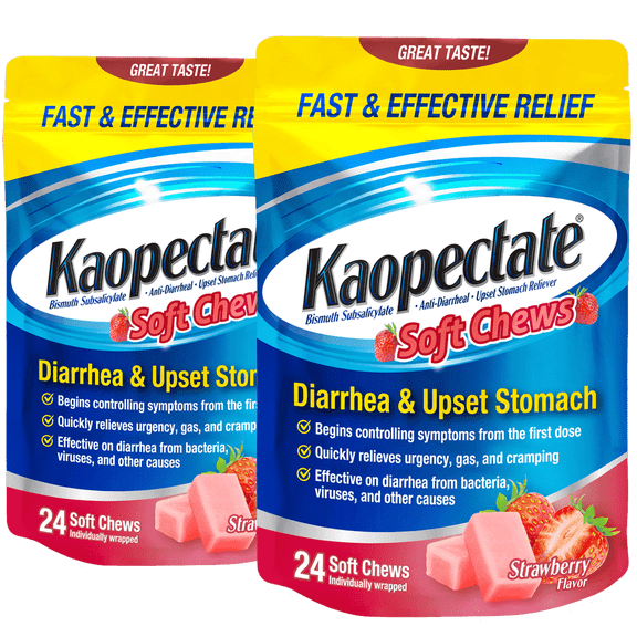 Kaopectate Soft Chews, Bismuth Subsalicylate, 24 Count (Pack of 2), Anti-Diarrheal andMedication, Upset Stomach Reliever, For Diarrhea