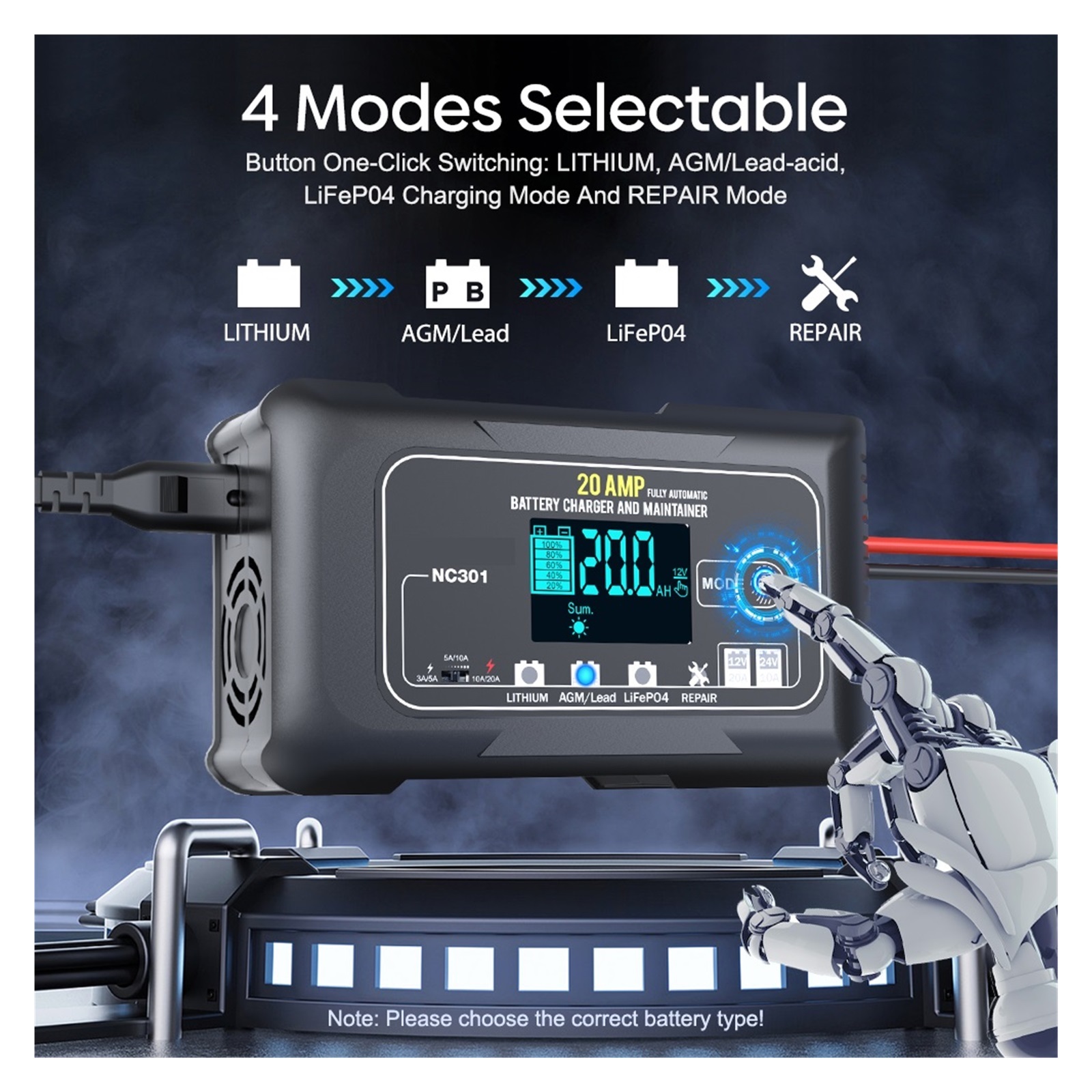 20A Car Battery Charger 12V And 24V Smart Fully Automatic Battery Charger For Car Truck Boat Lead Acid Lithium Batteries ,Instant Roadside Rescue