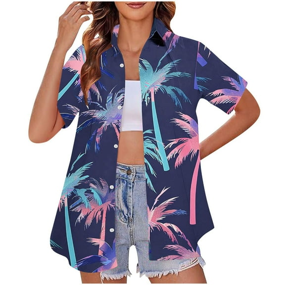 QUNYINEY Collared Womens Button Down Shirts Short Sleeve Hawaiian Casual Tops Summer Beach Loose Women's Tops