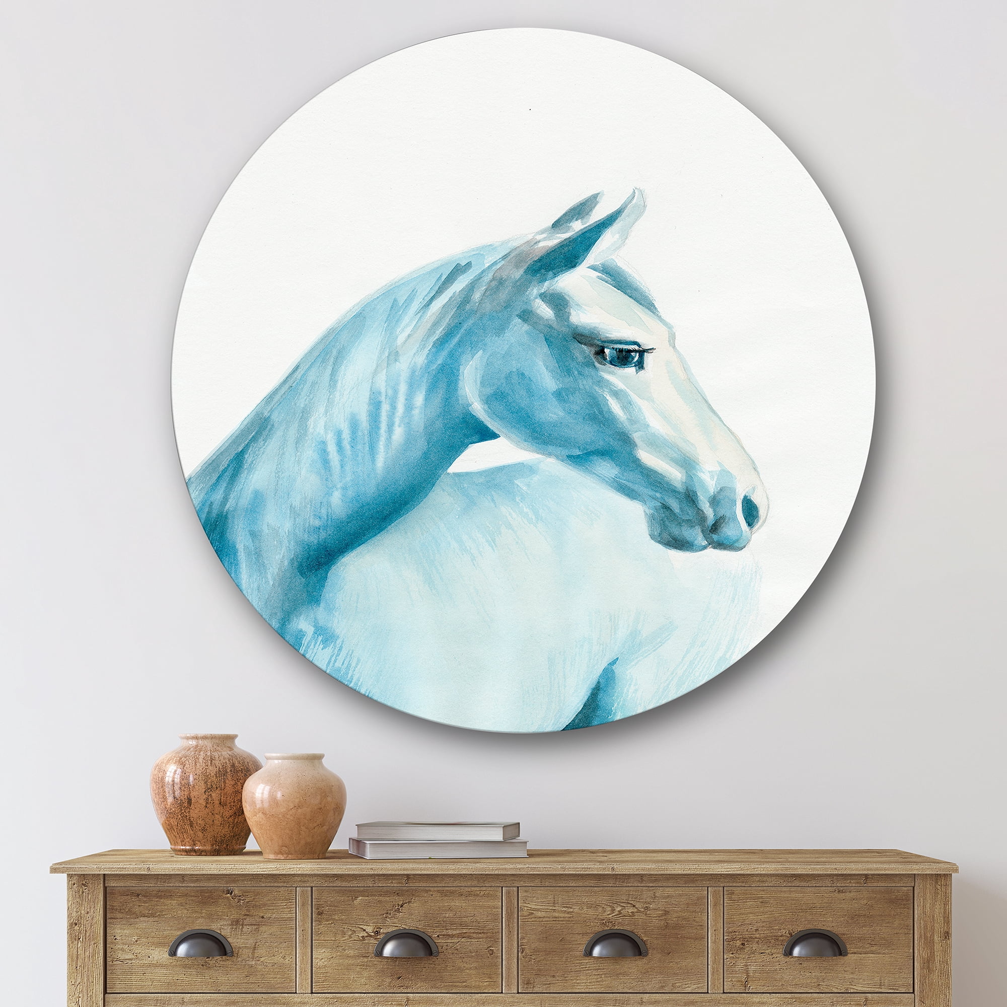 Designart 'Close Up Portrait Of A Light Blue Horse' Farmhouse Circle Metal Wall Art 36x36 - Disc of 36