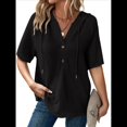thumbnail image 1 of Blusas de Verano para Mujer, de Punto Gofre, de Corta, con Cordón, Sudaderas con Botones y Cuello en V, Blusas Informales, Camisas. Negro M, 1 of 9