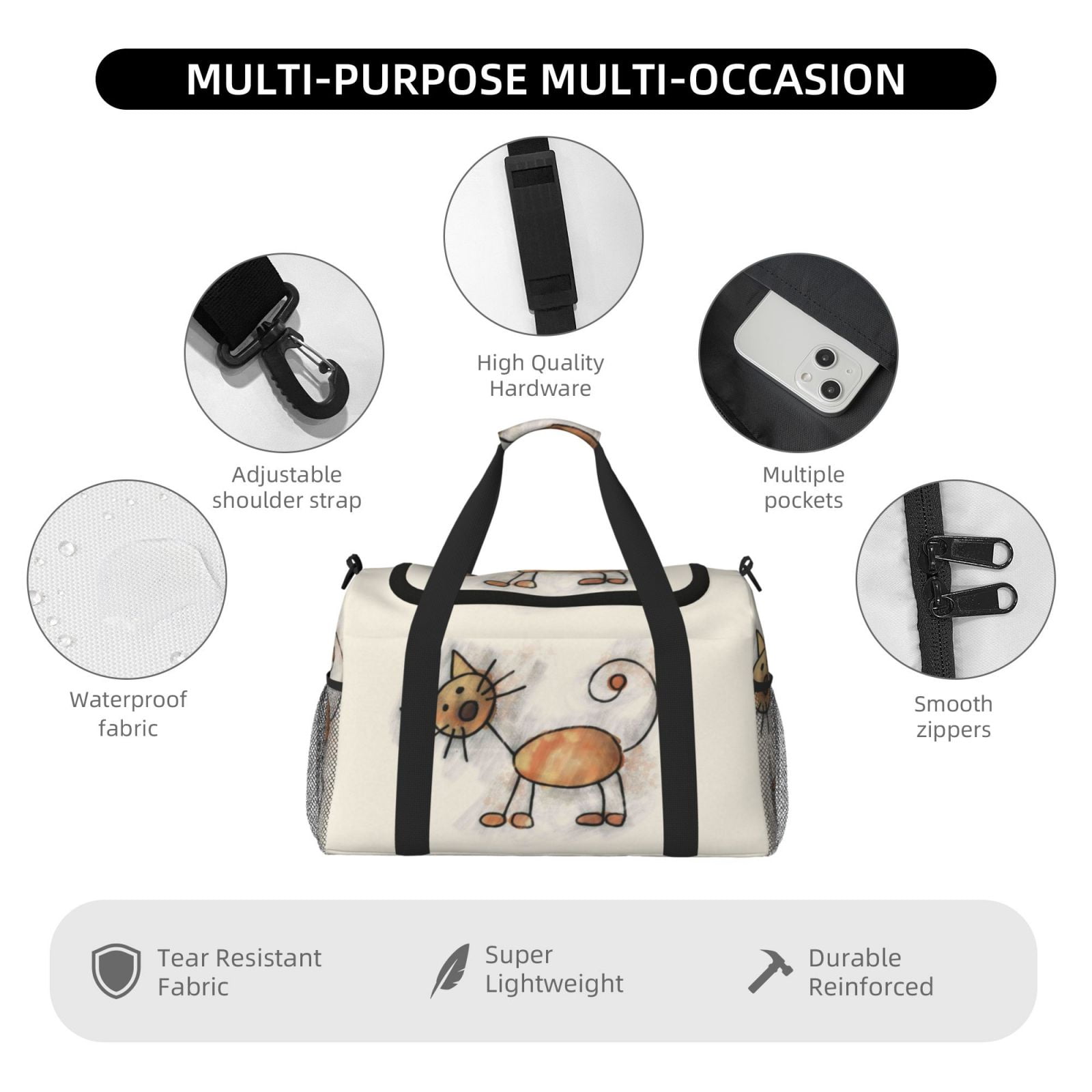 Fuzoiu Brown Cat Cartoon Print Travel Duffle Bag,Carry On Tote Bags,Duffel Bag,Sport Gym Bag, Hospital Bag for Labor and Delivery, Overnight Bag,Luggage Bag