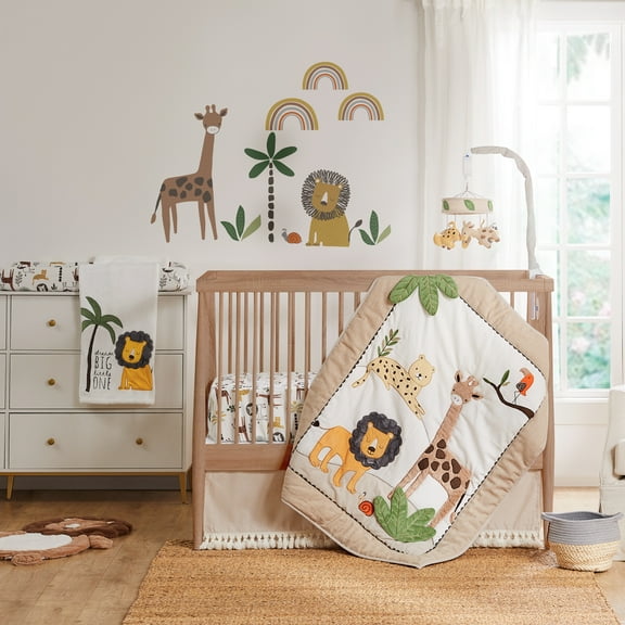Levtex Baby - Zuma Crib Bed Set - Baby Nursery Set - Jungle - Taupe, Green, Brown, Cream - Jungle Animals - 4 Piece Set Includes Quilt, Fitted Sheet, Wall Decal & Crib Skirt/Dust Ruffle