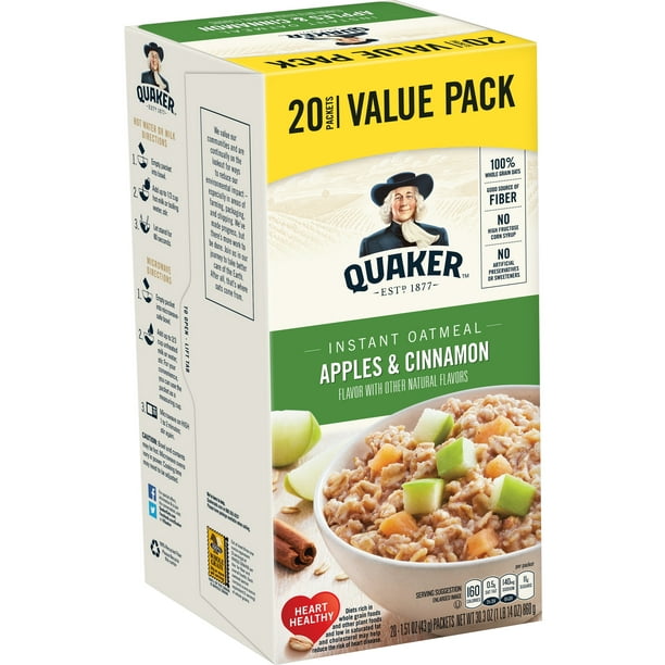 Quaker Instant Oatmeal, Apples & Cinnamon Value Pack, 20 Packets ...
