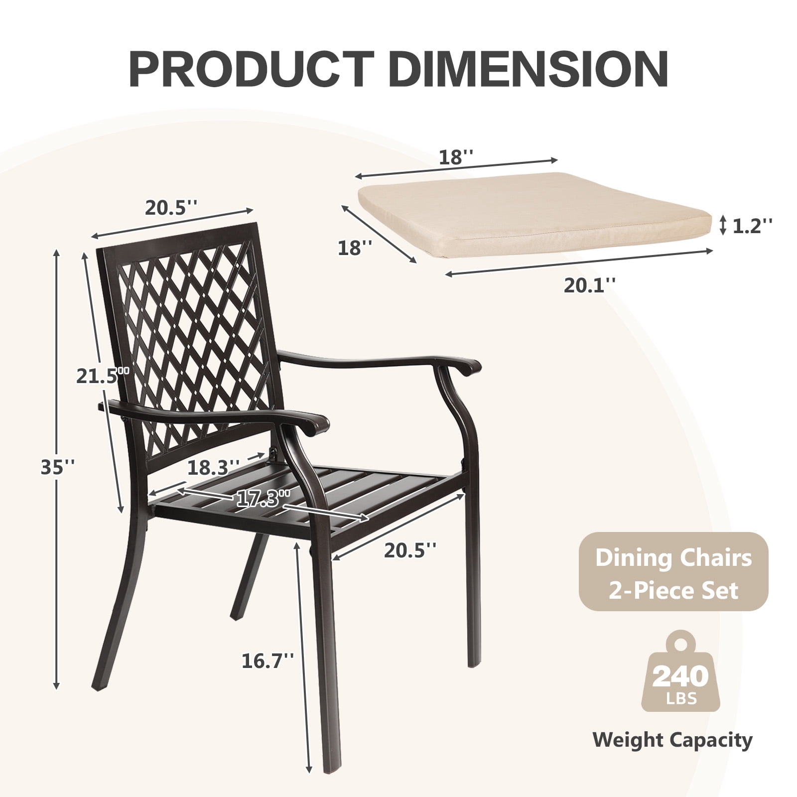 Aoodor Patio Outdoor Dining Chairs Set of 2, Stackable Metal Chairs with Armrests and Cushions for Lawn, Garden, Yard