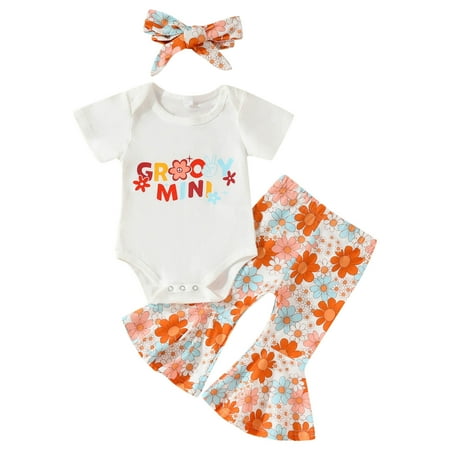 

Kids Girls Outfits Cartoon Letters Printed Short Sleeve T Shirt Bell Bottoms Pants Hairband 3 PCS Infant Baby Clothes Comfy Leisure Spring Summer Home Wear Activewear Set