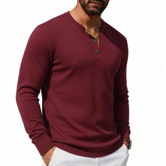Mens Henley Shirts Casual Stylish Tshirt Lightweight Summer Basic Tee Solid Long Sleeved Stand-up Neck Button Casual Breathable T-shirt Wine S