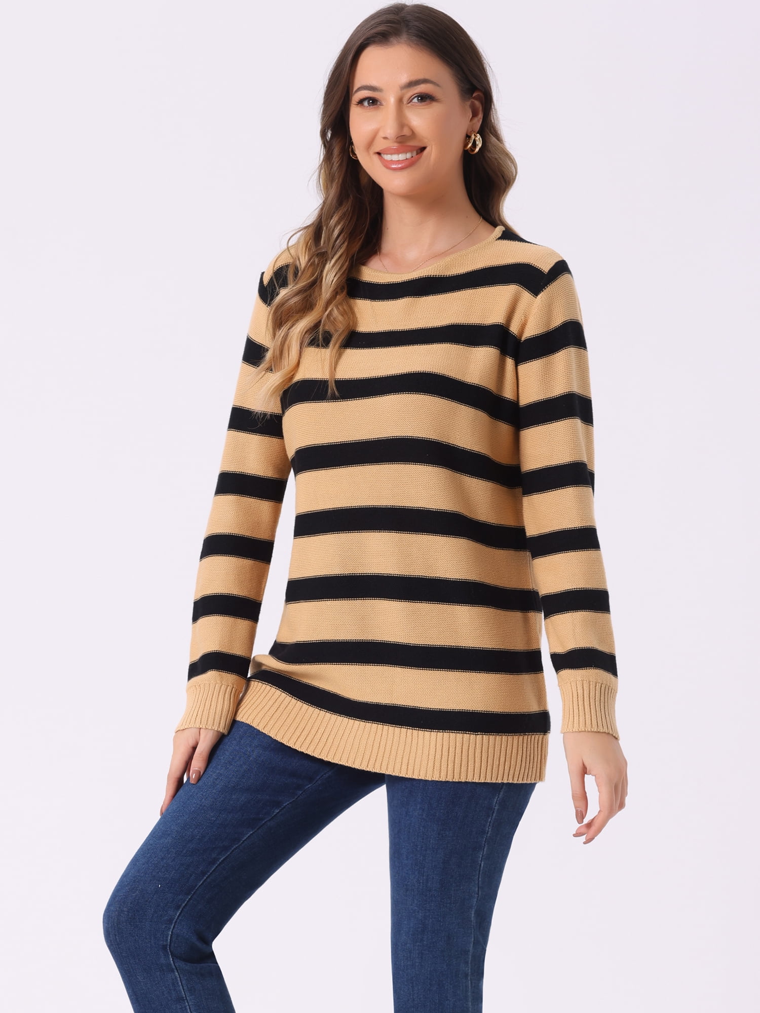 DARING DIVA Striped Round Neck Drop Shoulder Loose Sweater L Khaki