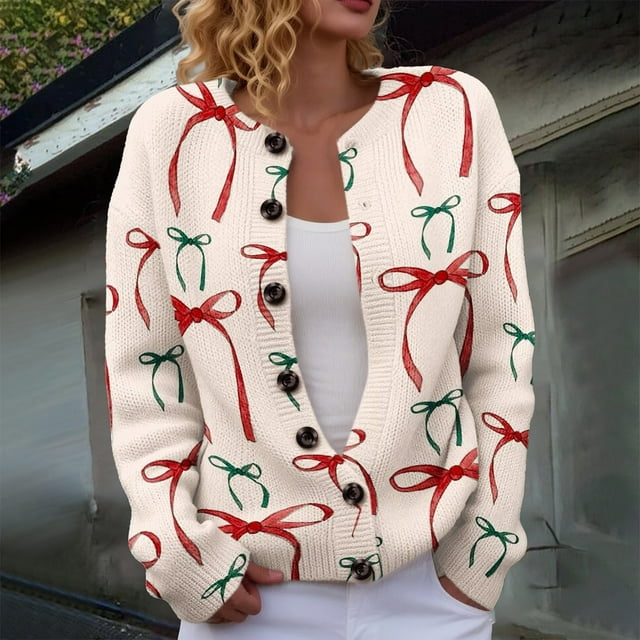 Plus Size Women's Christmas Santa & Tree Embroidered Cardigan Long Sleeve Round Neck Button Down Knit Sweater For Holiday Season