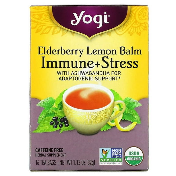 Yogi Tea, Elderberry Lemon Balm, Immune Stress, Caffeine Free, 16 Tea Bags, 1.12 oz Pack of 2