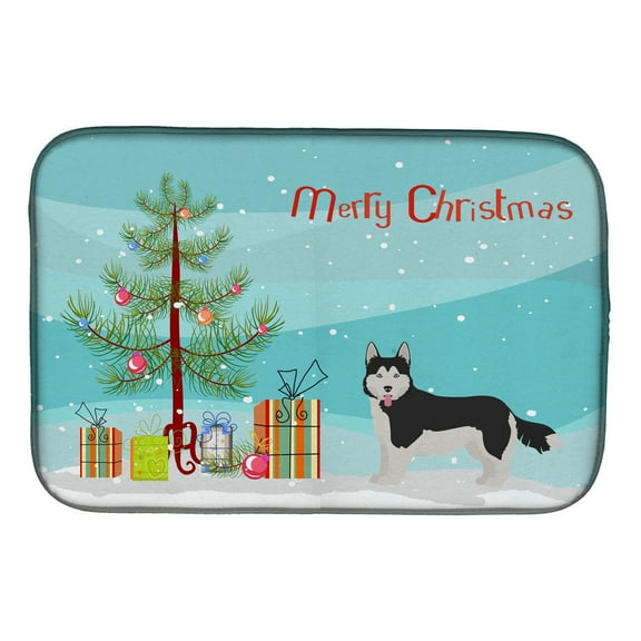 Corgi Husky Mix 2 Christmas Tree Dish Drying Mat
