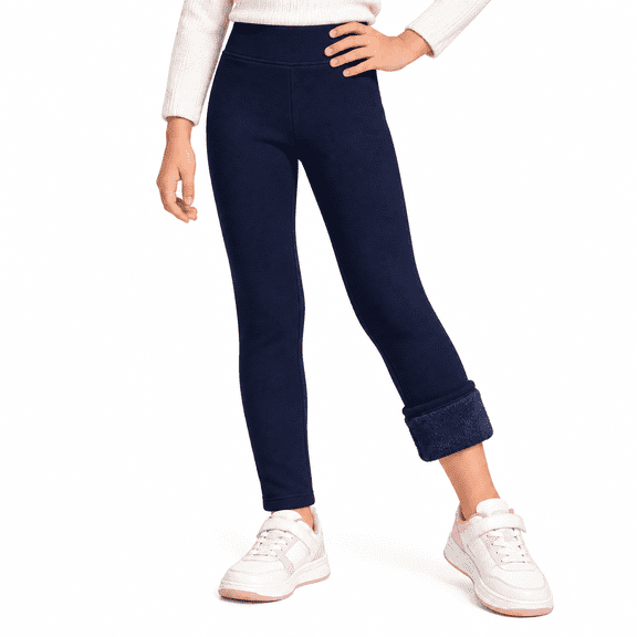 Navy Blue Girls Fleece Lined Leggings size 7-8, Warm Winter Thermal Leggings For Kids Stretch Elastic Waist Pants Casual School Wear