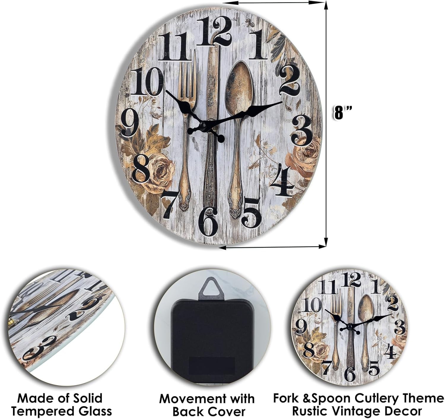 Kitchen Wall Clock Fork & Spoon Cutlery Theme Rustic Modern Farmhouse Decor Glass Clock for Kitchen, Dining Room - 8 Inch, Battery Operated