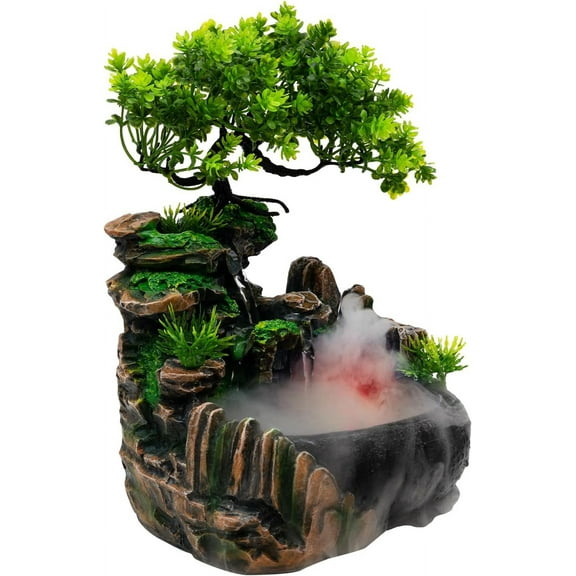 Rockery Water Fountain, 220V Small Indoor Desktop Resin Waterfall Fountain Tabletop Fountain Waterfall Ornament with LED Lights&Atomizer for Living Room, Bedroom, Study