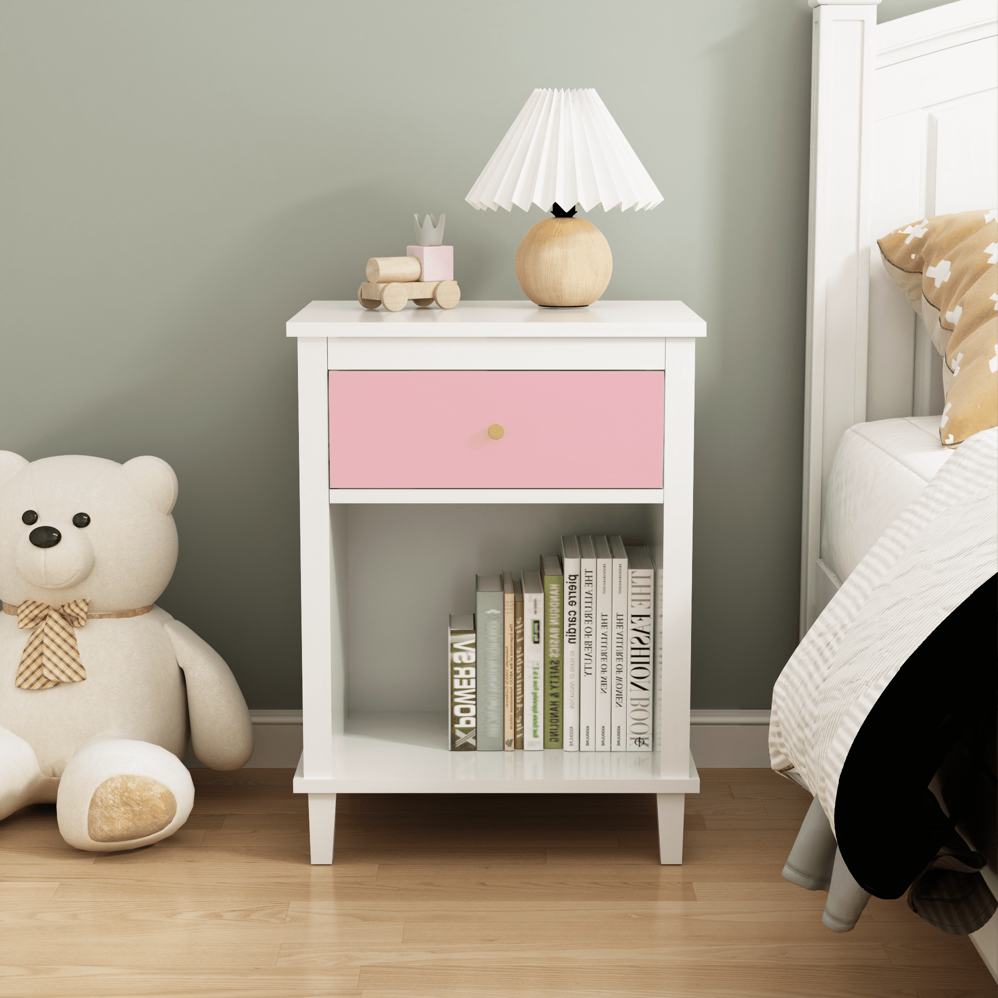 26.77''H Wooden Nightstand with One Drawer One Shelf for Kids, Adults, Pink+Golden handle