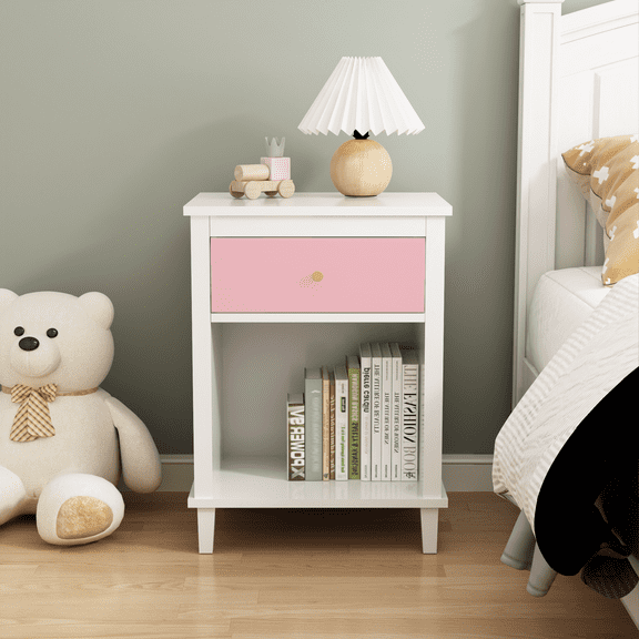 Yoneston Kids Modern Nightstand with Drawer and Open Shelf, Simple Bedside Table for Bedroom, Kids Room, White Pink