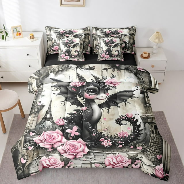 Erosebridal Magic Dragon Bed In A Bag Full Size,Rose Eiffel Tower Bed Set,Animal Bedroom Decor,Reversible,Breathable,7-Piece