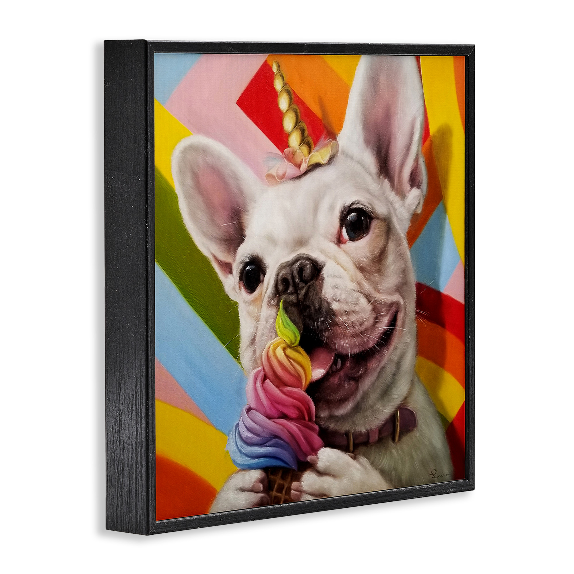 Stupell Industries Rainbow French Bulldog Ice Cream Animals & Insects Painting Black Framed Art Print Wall Art, 24 x 24