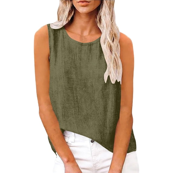 WULMLEO Cotton Linen Tank Tops for Women - Sleeveless Crewneck Summer Gauzy Shirts Loose Fit Casual Beach Vacation Camisole Army Green L