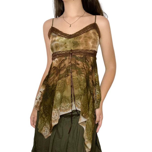 Camisetas Sin Mangas Con Tirantes Chaleco de camisola con estampado floral Irregular Una línea Estilo sexy Uso diario (Verde L) Cgtredaw Para estrenar