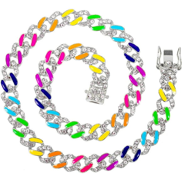 Iced Out Diamond Cuban Link Chain Necklaces for Men Women Silver Gold Multicolored 18-30 Inches