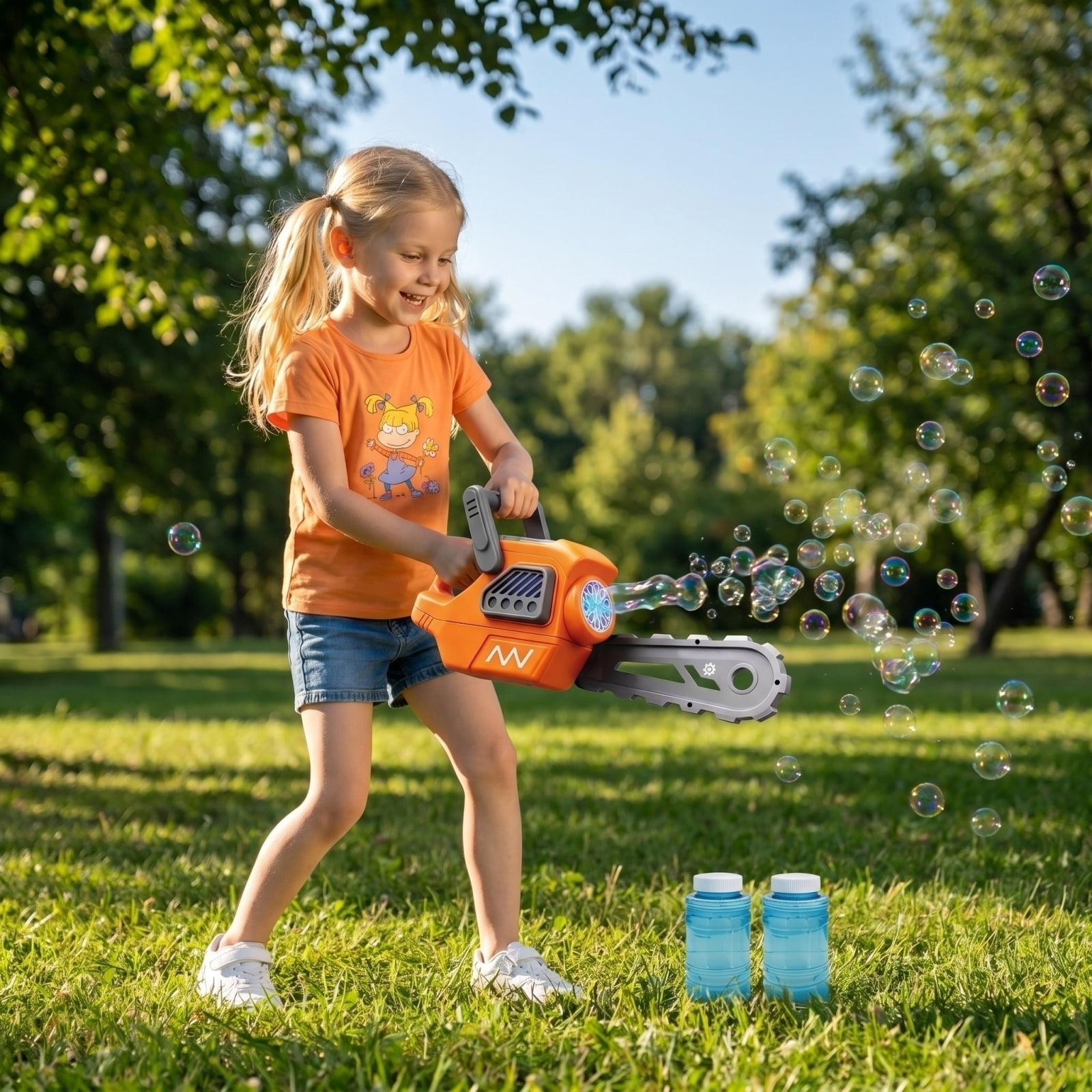 Chainsaw Style Bubble Blowing Machine with Lights and Sound, Automatic Electric Bubble Maker for Outdoor Party Camping Festival Lawn Events with Bubble Solution 200ml