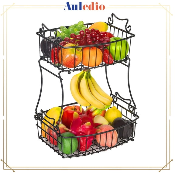 Auledio 2-Tier Oval Metal Fruit Vegetable Baskets with Banana Hanger, Decorative Bowl for Kitchen Countertop (Black)